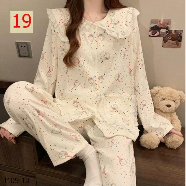 25HA1109.13 - BỘ DÀI TAY VIỀN REN MẶC NHÀ NỮ