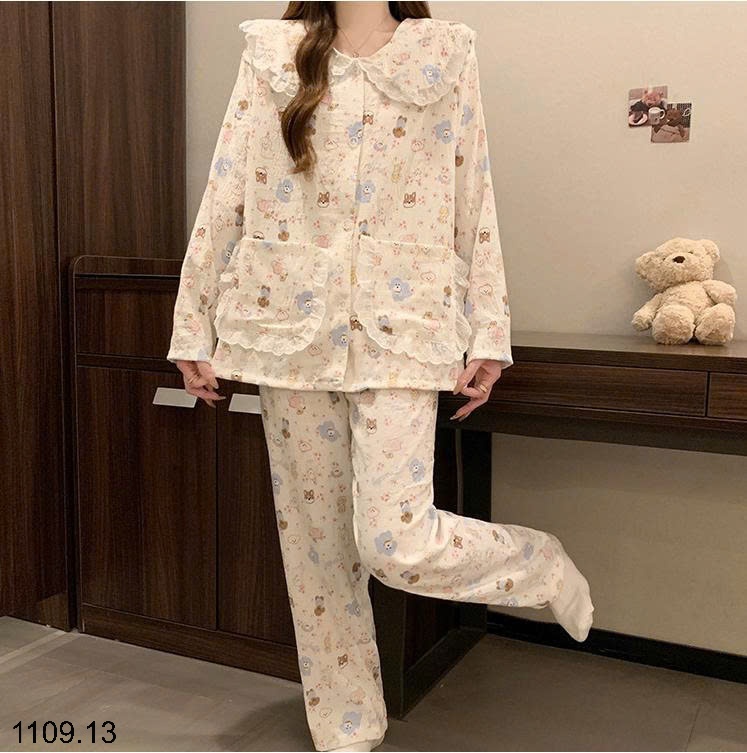 25HA1109.13 - BỘ DÀI TAY VIỀN REN MẶC NHÀ NỮ