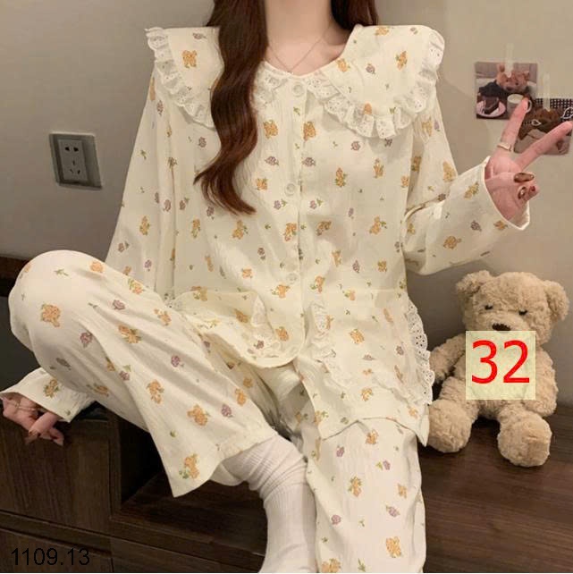 25HA1109.13 - BỘ DÀI TAY VIỀN REN MẶC NHÀ NỮ