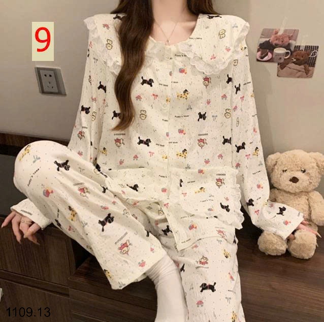 25HA1109.13 - BỘ DÀI TAY VIỀN REN MẶC NHÀ NỮ