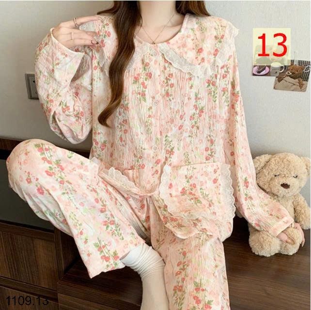 25HA1109.13 - BỘ DÀI TAY VIỀN REN MẶC NHÀ NỮ
