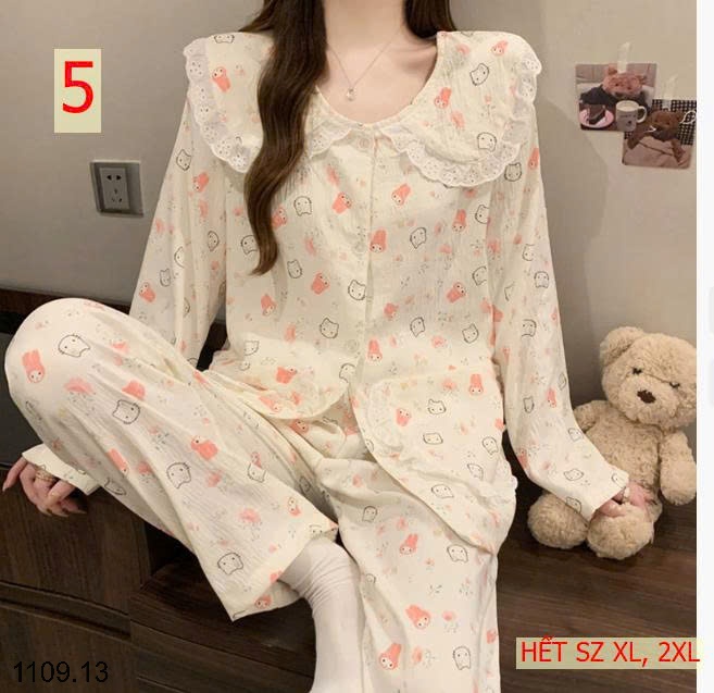 25HA1109.13 - BỘ DÀI TAY VIỀN REN MẶC NHÀ NỮ