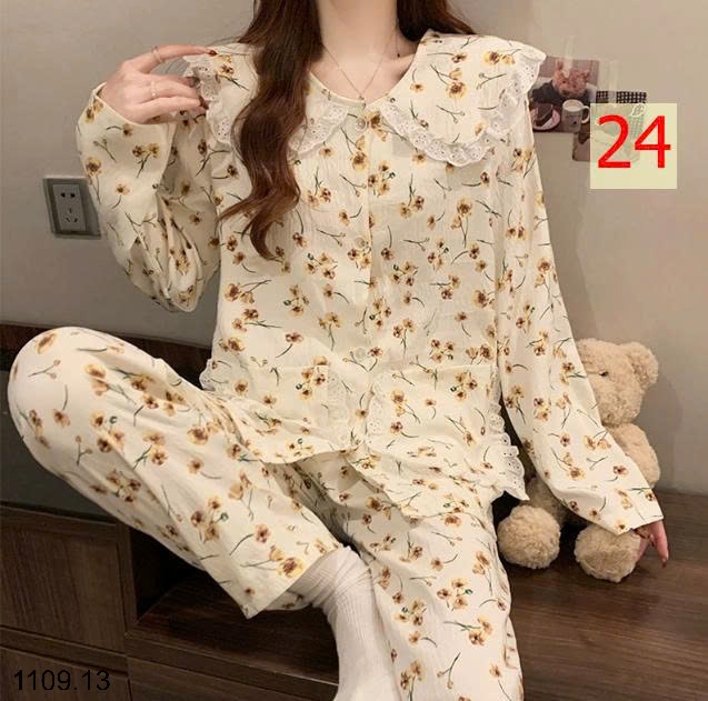 25HA1109.13 - BỘ DÀI TAY VIỀN REN MẶC NHÀ NỮ