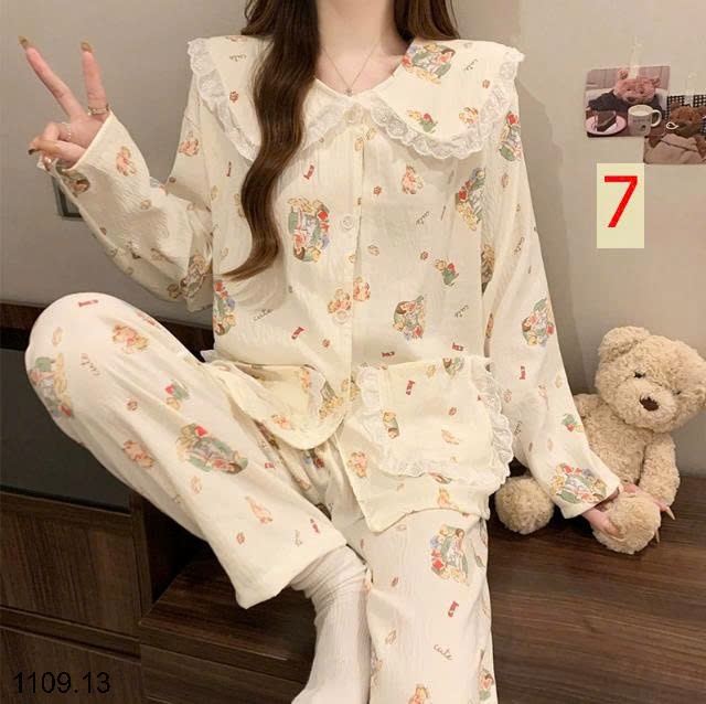 25HA1109.13 - BỘ DÀI TAY VIỀN REN MẶC NHÀ NỮ