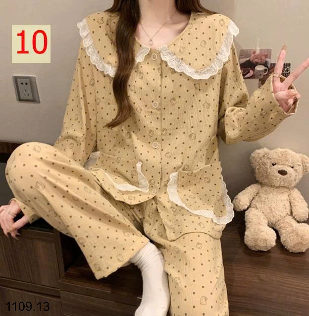 25HA1109.13 - BỘ DÀI TAY VIỀN REN MẶC NHÀ NỮ