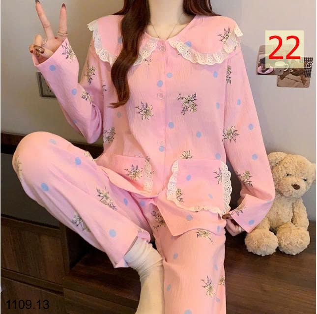 25HA1109.13 - BỘ DÀI TAY VIỀN REN MẶC NHÀ NỮ