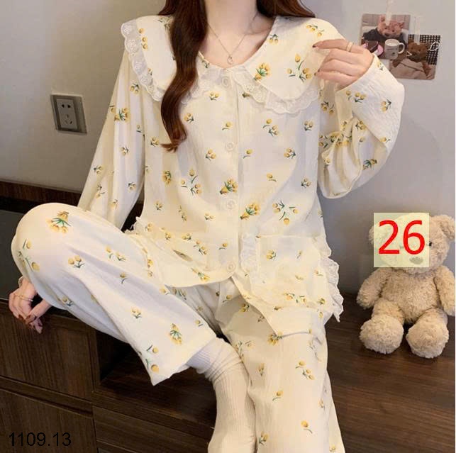 25HA1109.13 - BỘ DÀI TAY VIỀN REN MẶC NHÀ NỮ