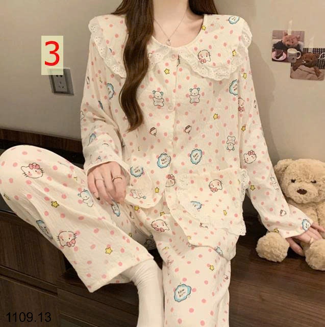 25HA1109.13 - BỘ DÀI TAY VIỀN REN MẶC NHÀ NỮ