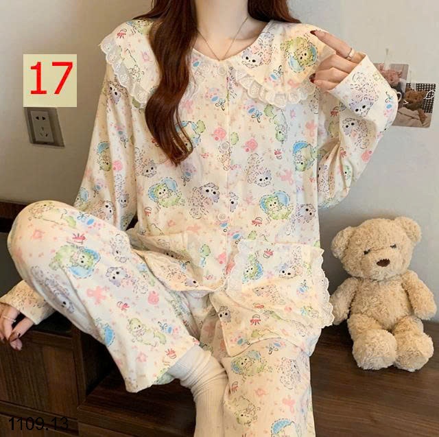 25HA1109.13 - BỘ DÀI TAY VIỀN REN MẶC NHÀ NỮ