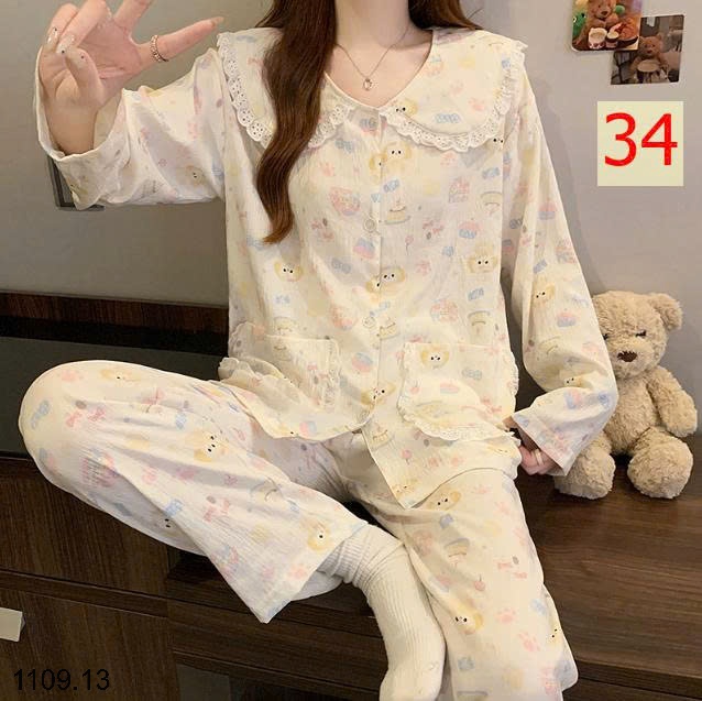 25HA1109.13 - BỘ DÀI TAY VIỀN REN MẶC NHÀ NỮ