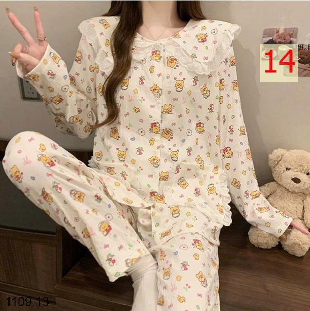 25HA1109.13 - BỘ DÀI TAY VIỀN REN MẶC NHÀ NỮ