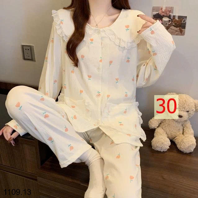 25HA1109.13 - BỘ DÀI TAY VIỀN REN MẶC NHÀ NỮ