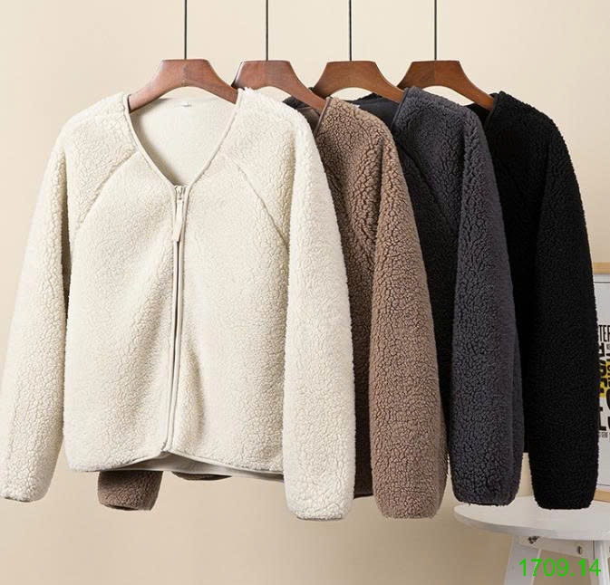 25HA1709.14 - ÁO KHOÁC LÔNG CỪU CỔ V KÉO KHÓA NỮ