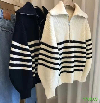 25HA1709.09 - ÁO LEN KẺ POLO KÉO KHOÁ