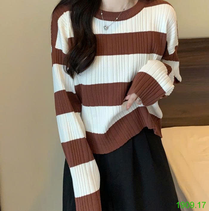 25HA1909.17 - ÁO LEN DÀI TAY KẺ SỌC CỔ TRÒN