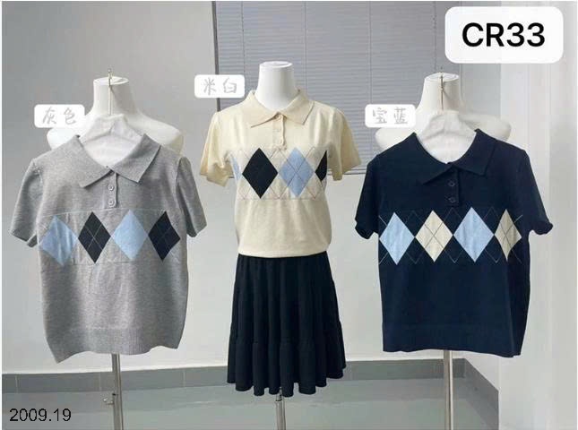 25HA2009.19 - ÁO DỆT KIM NGẮN TAY CỔ POLO HỌA TIẾT CARO