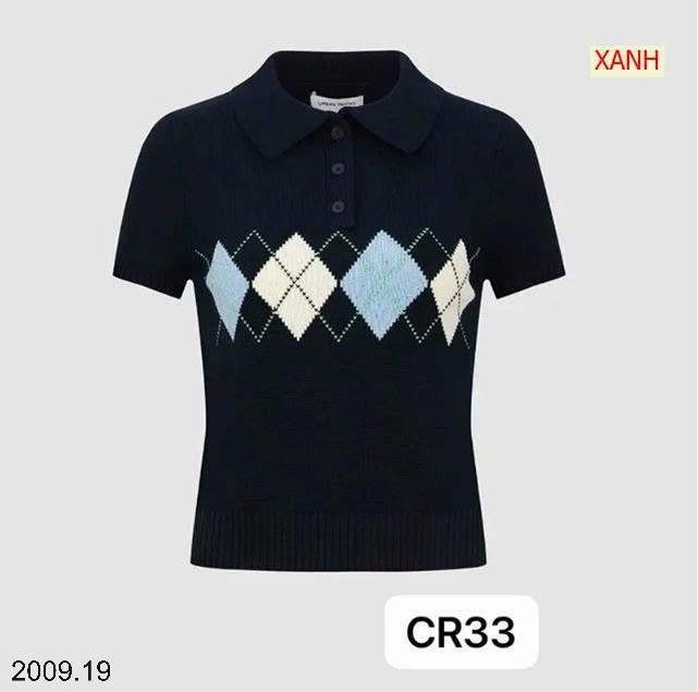 25HA2009.19 - ÁO DỆT KIM NGẮN TAY CỔ POLO HỌA TIẾT CARO