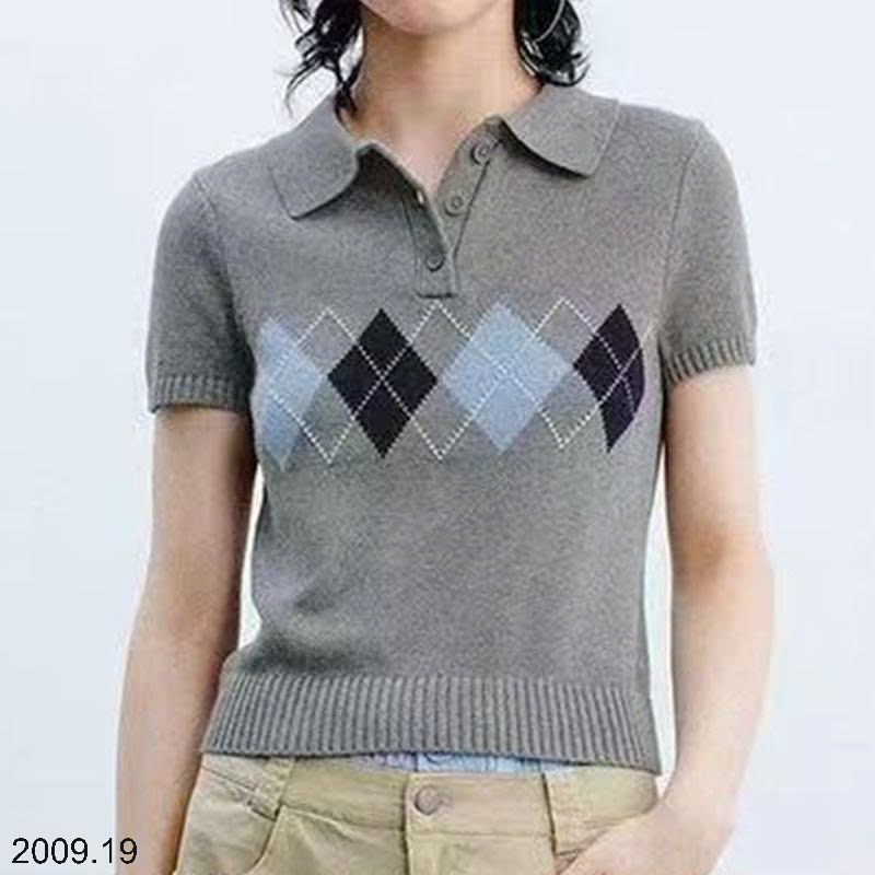25HA2009.19 - ÁO DỆT KIM NGẮN TAY CỔ POLO HỌA TIẾT CARO