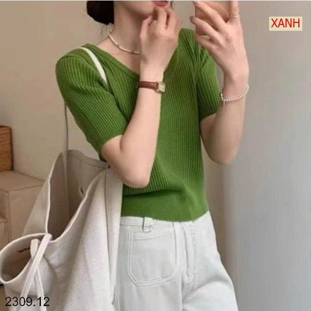25HA2309.12 - ÁO THUN DỆT KIM MỎNG TAY NGẮN CỔ U HÀN QUỐC KANING