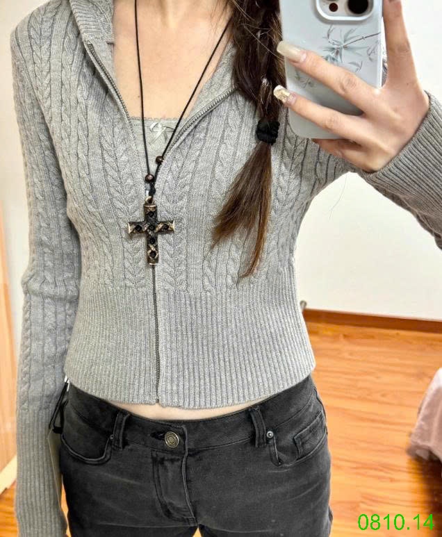 25HA0810.14 - ÁO CARDIGAN DỆT KIM CÓ MŨ TRÙM ĐẦU
