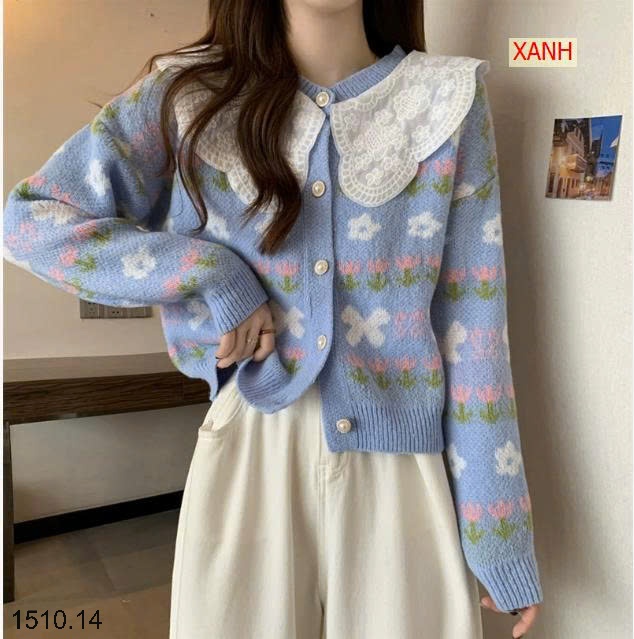 25HA1510.14 - ÁO LEN HOA CỔ PHỐI REN SIÊU XINH