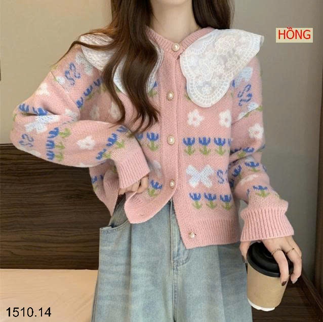 25HA1510.14 - ÁO LEN HOA CỔ PHỐI REN SIÊU XINH