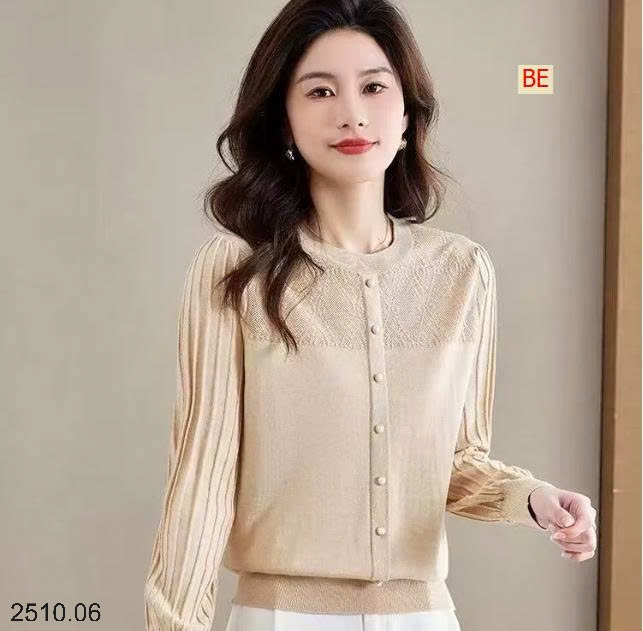 25HA2510.06 - ÁO DỆT KIM CỔ TRÒN CÚC GIẢ TAY PHỒNG NỮ