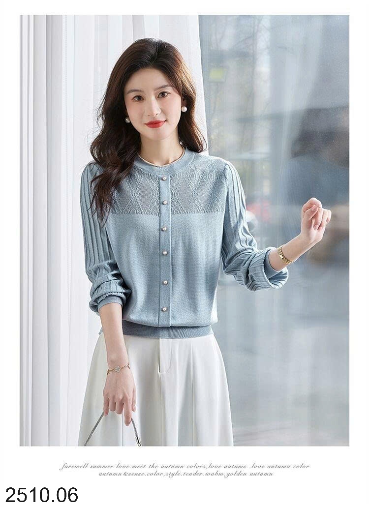 25HA2510.06 - ÁO DỆT KIM CỔ TRÒN CÚC GIẢ TAY PHỒNG NỮ