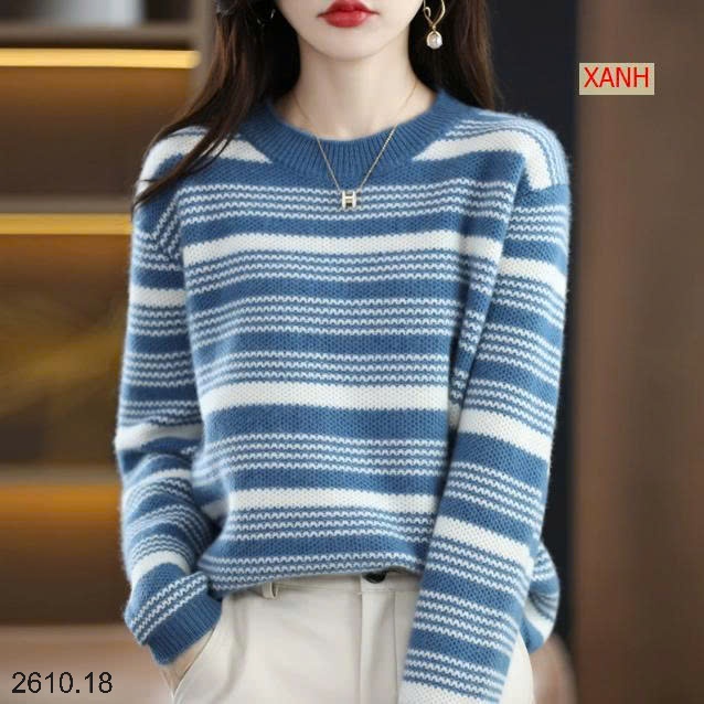 25HA2610.18 - ÁO LEN KẺ CỔ TRÒN NỮ