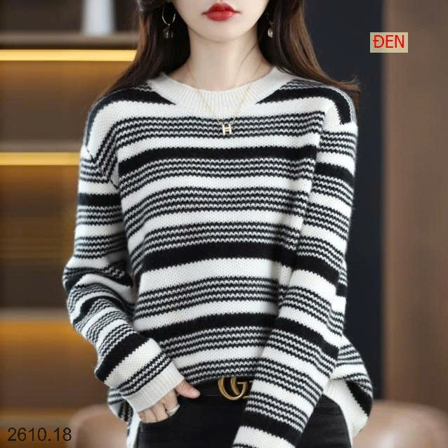 25HA2610.18 - ÁO LEN KẺ CỔ TRÒN NỮ