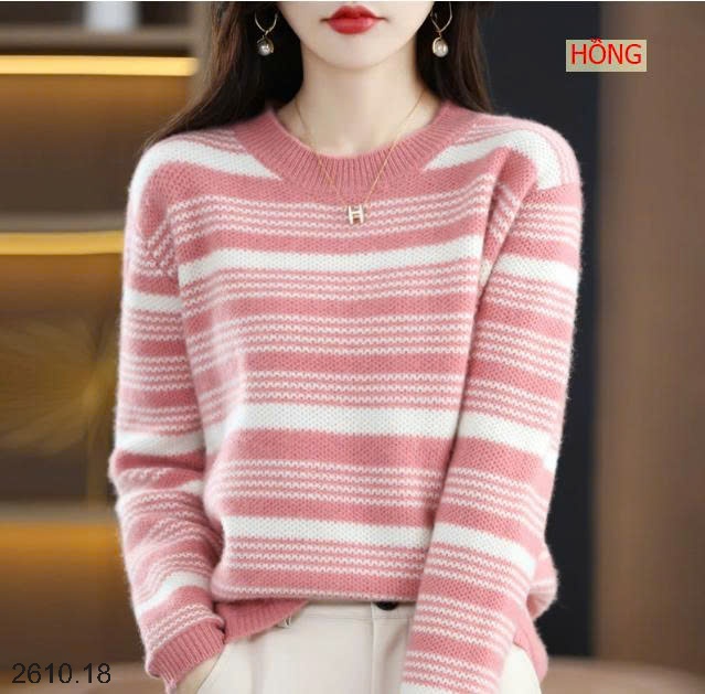 25HA2610.18 - ÁO LEN KẺ CỔ TRÒN NỮ