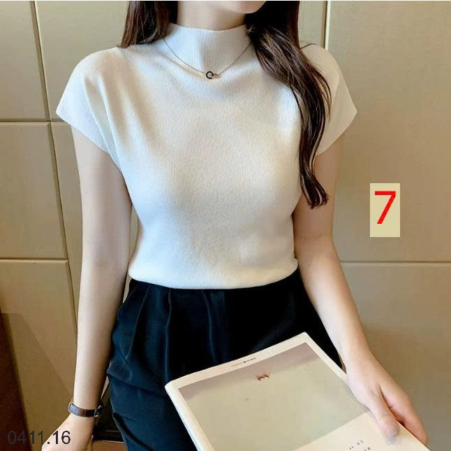 25HA0411.16 - ÁO LEN NGẮN TAY CAO CỔ DỆT KIM NỮ