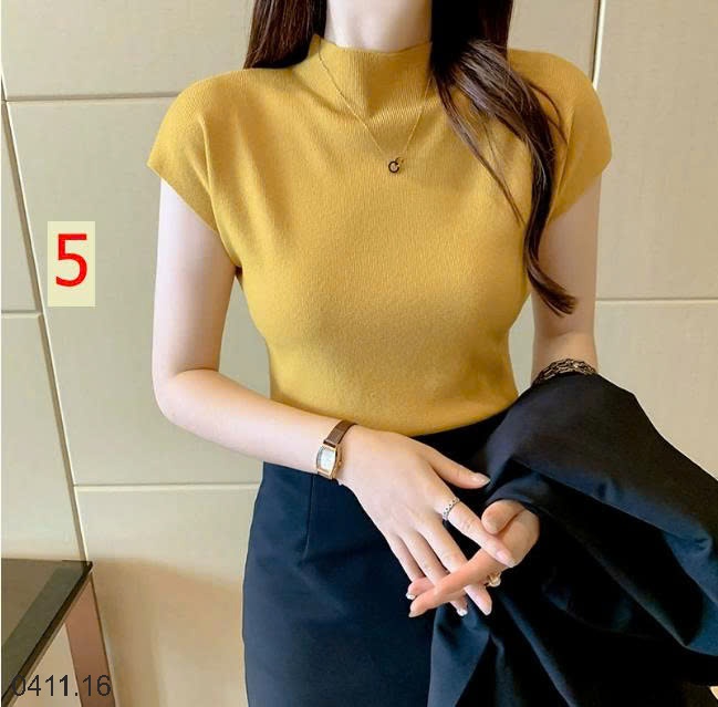 25HA0411.16 - ÁO LEN NGẮN TAY CAO CỔ DỆT KIM NỮ