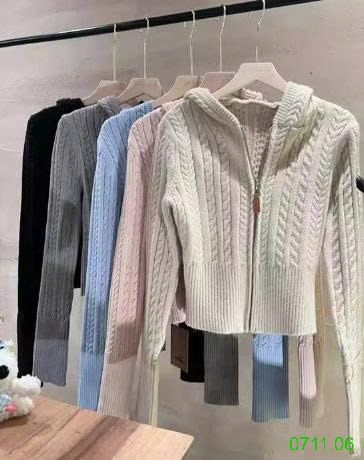 25HA0711.06 - ÁO KHOÁC LEN KÉO KHÓA MŨ TRÙM ĐẦU CHO NỮ