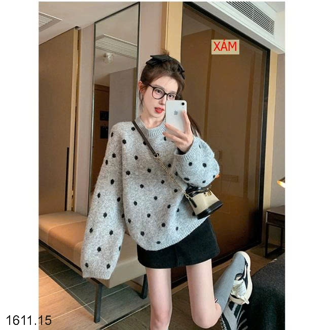 25HA1611.15 - ÁO LEN CHẤM BI NỮ DÁNG RỘNG