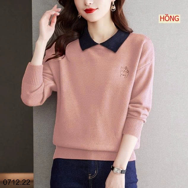 25HA0712.22 - ÁO LEN HÌNH MÈO CỔ SƠ MI CHO NỮ