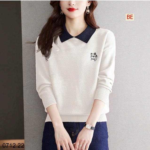 25HA0712.22 - ÁO LEN HÌNH MÈO CỔ SƠ MI CHO NỮ
