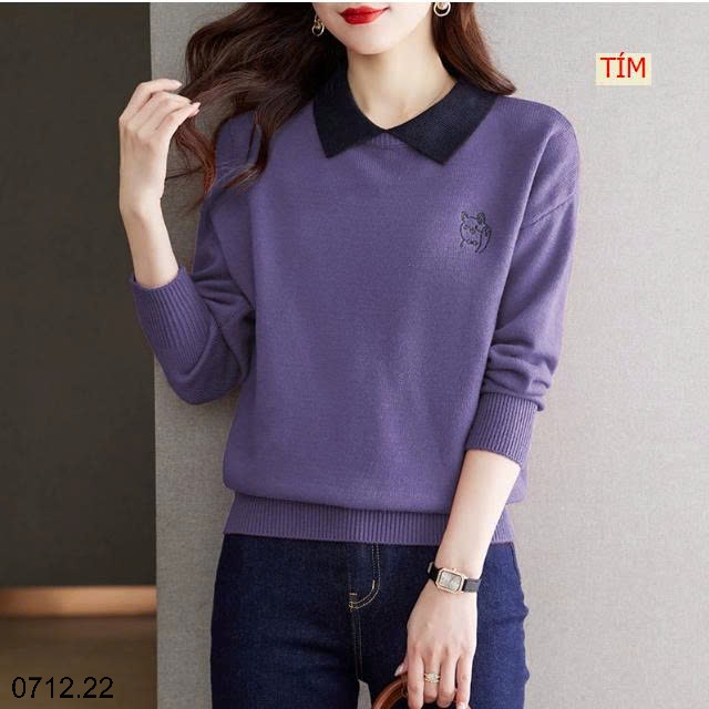 25HA0712.22 - ÁO LEN HÌNH MÈO CỔ SƠ MI CHO NỮ