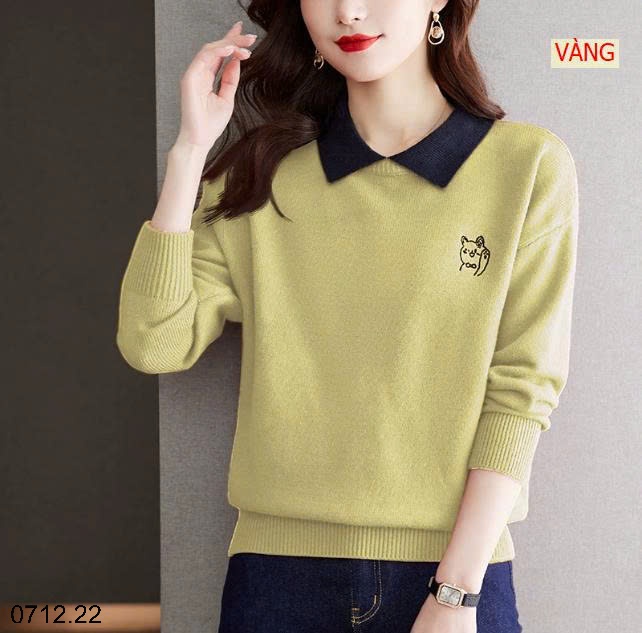 25HA0712.22 - ÁO LEN HÌNH MÈO CỔ SƠ MI CHO NỮ