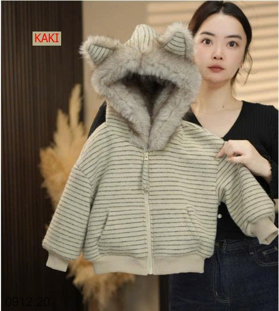 25HA0912.20 - ÁO KHOÁC KẺ MŨ LÔNG TRÙM ĐẦU NINGLI