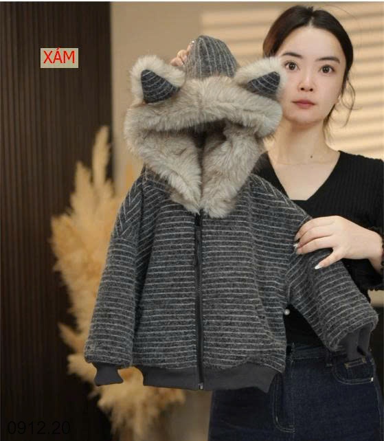 25HA0912.20 - ÁO KHOÁC KẺ MŨ LÔNG TRÙM ĐẦU NINGLI