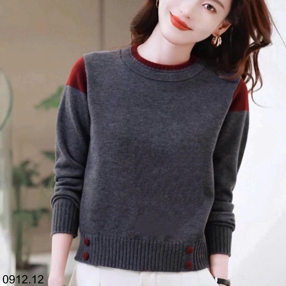 25HA0912.12 - ÁO LEN CỔ TRÒN PHỐI MÀU CHO NỮ
