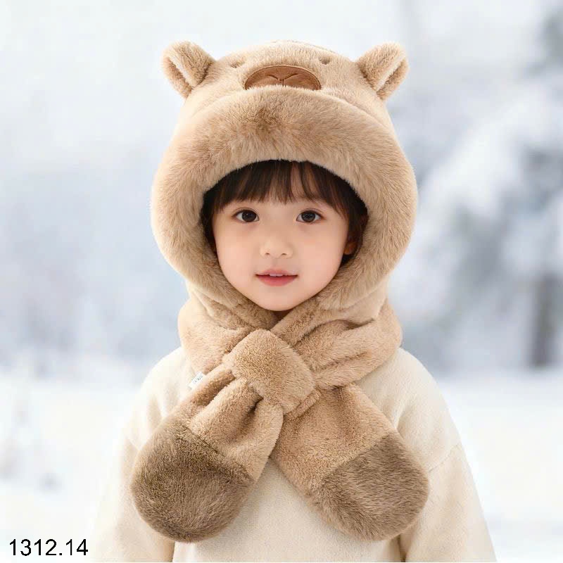 25HA1312.14 - MŨ LÔNG HÌNH GẤU KÈM KHĂN CHO BÉ