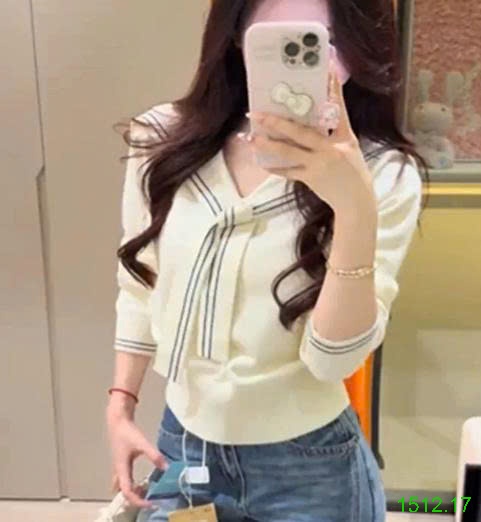 25HA1512.17 - ÁO DỆT KIM CỘT NƠ CỔ THUỶ THỦ