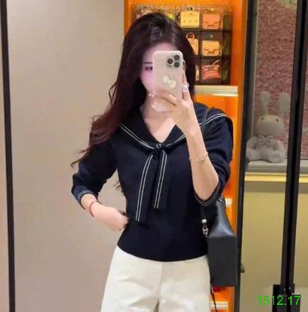25HA1512.17 - ÁO DỆT KIM CỘT NƠ CỔ THUỶ THỦ
