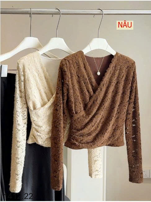 25HA1412.22 - ÁO REN CỔ V XẾP LY LÓT LÔNG ANNA