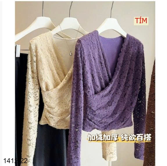 25HA1412.22 - ÁO REN CỔ V XẾP LY LÓT LÔNG ANNA