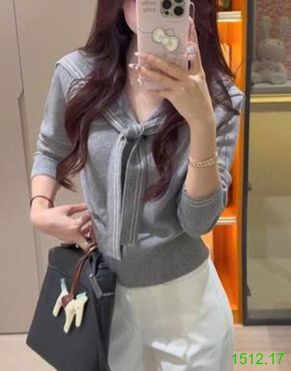 25HA1512.17 - ÁO DỆT KIM CỘT NƠ CỔ THUỶ THỦ