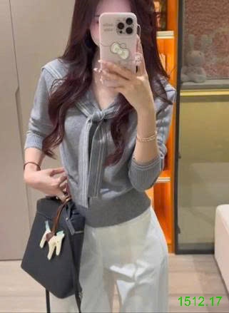 25HA1512.17 - ÁO DỆT KIM CỘT NƠ CỔ THUỶ THỦ