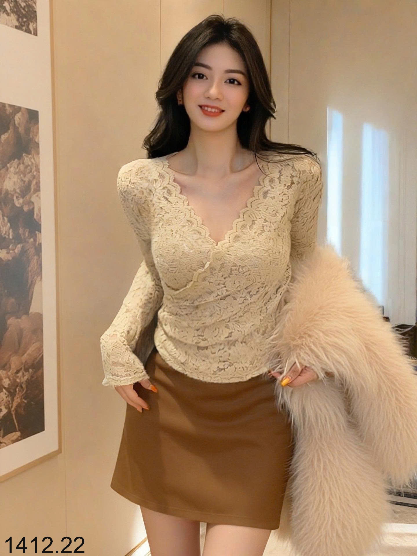 25HA1412.22 - ÁO REN CỔ V XẾP LY LÓT LÔNG ANNA